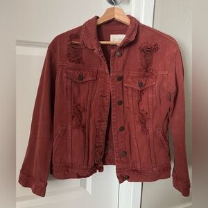 Burnt Orange Distressed Denim Jacket by Sky and Sparrow